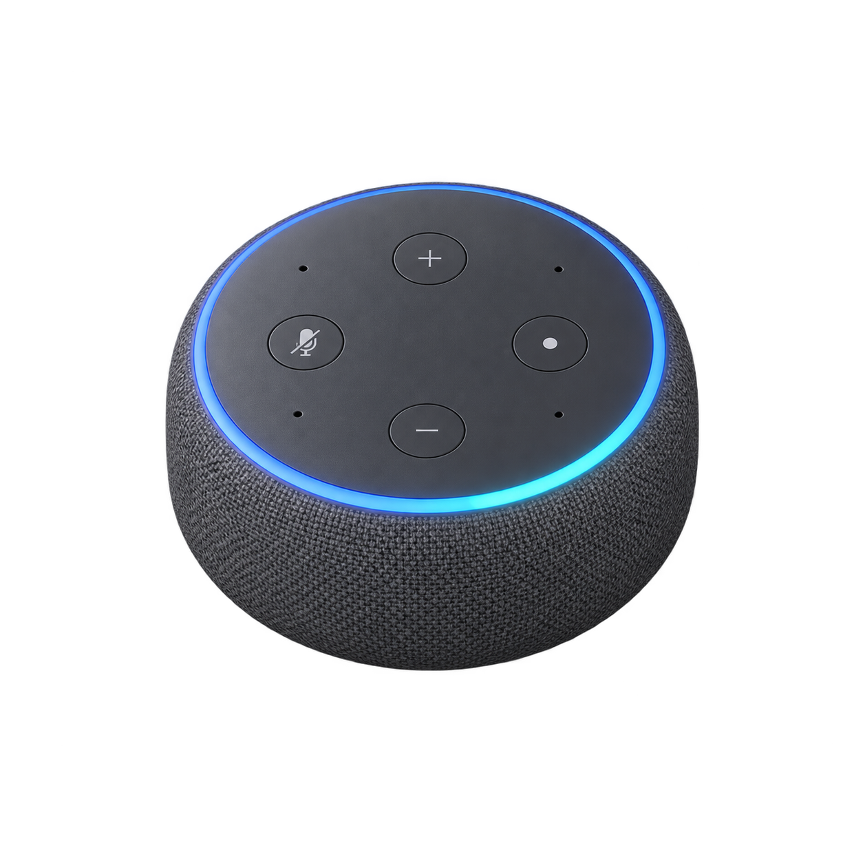 Altavoz inteligente doméstico sobre una superficie de la sala.